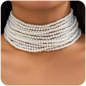 Sither Layerd Pearls Choker Necklace for Women Boho Pearls Chain Necklace Fashion Jewelry for Halloween Party Christmas Gift (12 layers)