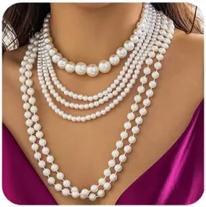 Sither Layerd Pearls Choker Necklace for Women Boho Pearls Chain Necklace Fashion Jewelry for Halloween Party Christmas Gift (6 layers)