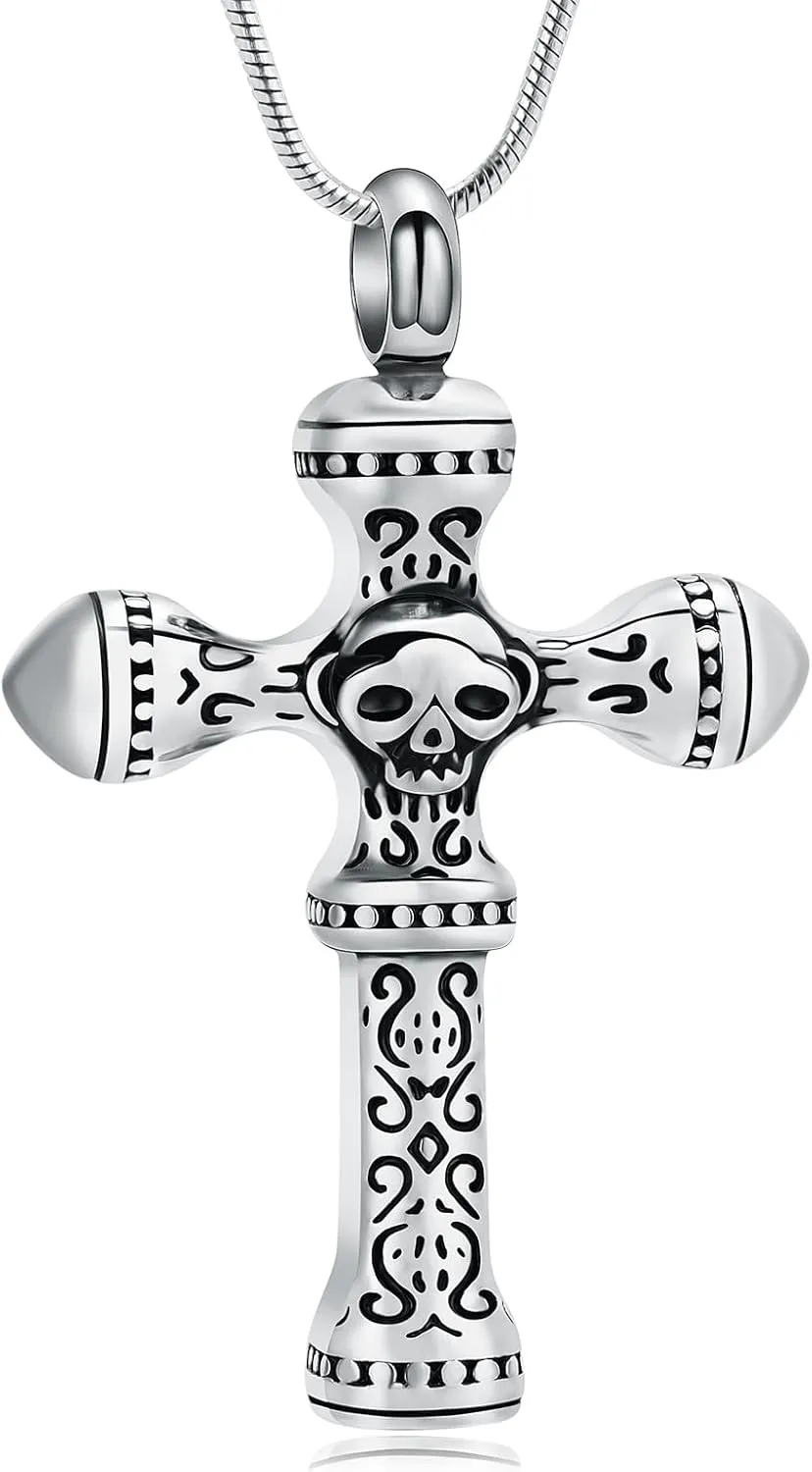 Skull Cross Cremation Jewelry Retro Skull Urn Necklaces for Ashe Stainless Steel Memorial locket Keepsakes Jewelry Human Ash Pendant Jewelry for Men Women