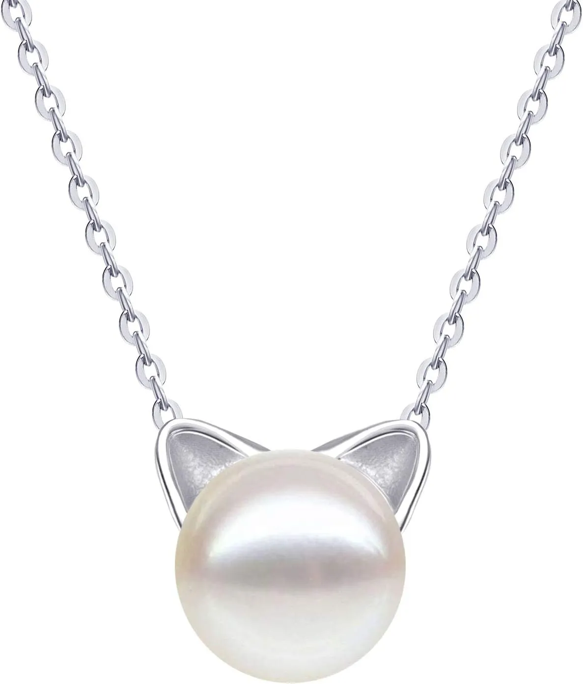 S.Leaf Cat Necklaces For Women Cat Jewelry for Women Cat Gifts for Cat Lovers Women Cat Lady Gifts Silver Cat Pendant Freshwater Cultured Pearl Cat Collarbone Charm Necklace