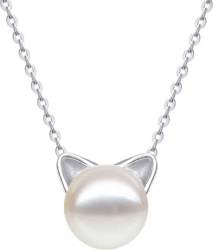 S.Leaf Cat Necklaces For Women Cat Jewelry for Women Cat Gifts for Cat Lovers Women Cat Lady Gifts Silver Cat Pendant Freshwater Cultured Pearl Cat Collarbone Charm Necklace
