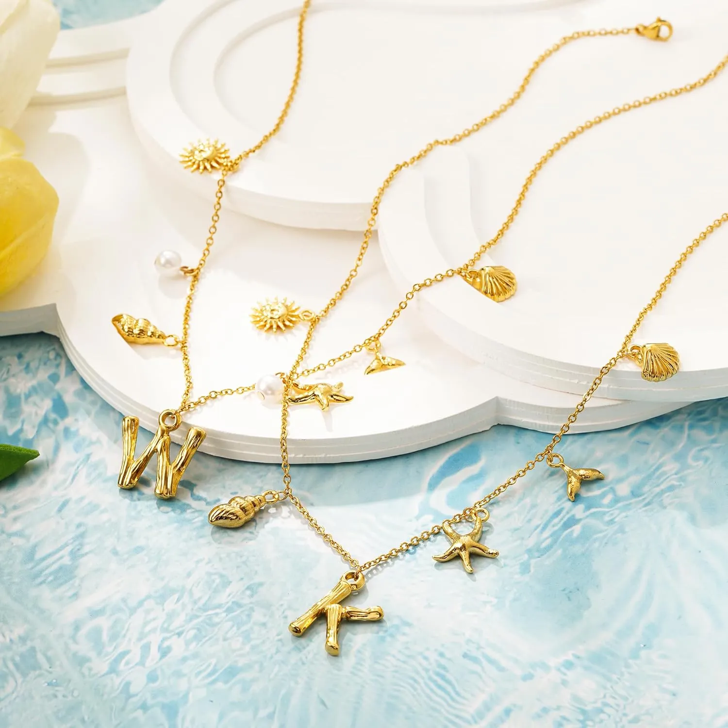 SLOONG Initial Charm Necklace for Women, Beach Pendant 14K Gold Plated Letter Neckalces Freshwater Pearl Choker Boho Summer Jewelry Gifts
