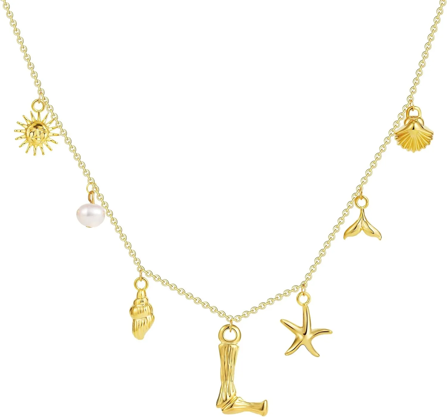 SLOONG Initial Charm Necklace for Women, Beach Pendant 14K Gold Plated Letter Neckalces Freshwater Pearl Choker Boho Summer Jewelry Gifts