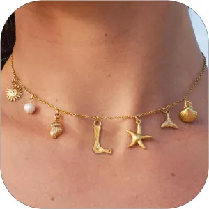 SLOONG Initial Charm Necklace for Women, Beach Pendant 14K Gold Plated Letter Neckalces Freshwater Pearl Choker Boho Summer Jewelry Gifts