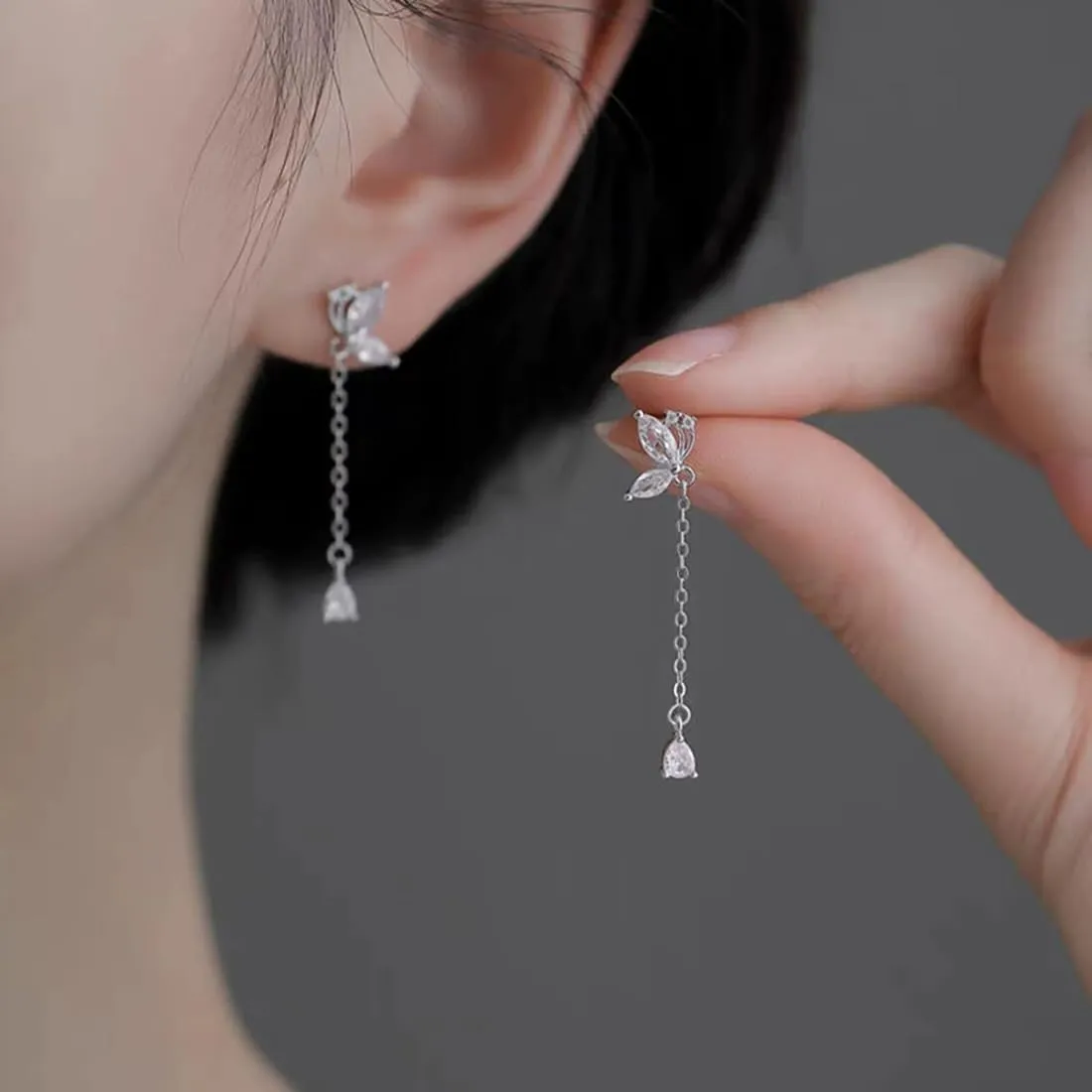SLUYNZ 925 Sterling Silver CZ Butterfly Dangle Earrings for Women Teens Pretty Butterfly Drop Tassel Earrings Droplet Chain