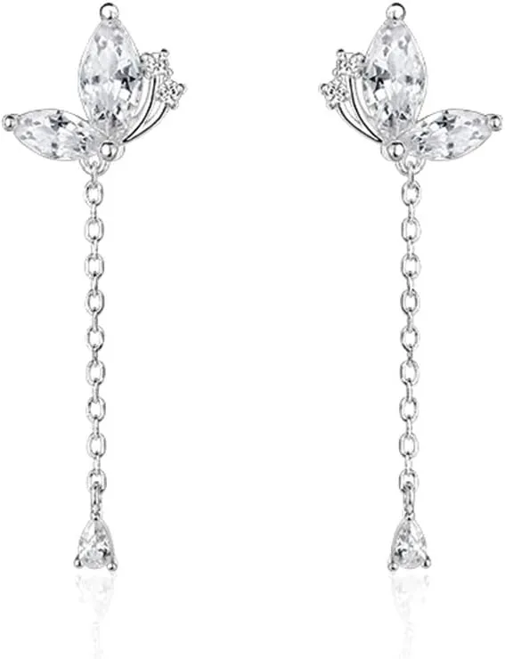 SLUYNZ 925 Sterling Silver CZ Butterfly Dangle Earrings for Women Teens Pretty Butterfly Drop Tassel Earrings Droplet Chain