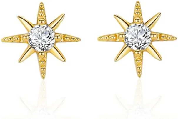 Small CZ Star Stud Earrings for Women Dainty S925 Sterling Silver Gold Plated Crystal Stars Tiny Small Cartilage Studs Hypoallergenic Minimalist Fashion Jewelry Gifts Bff Daughter Christmas 6mm