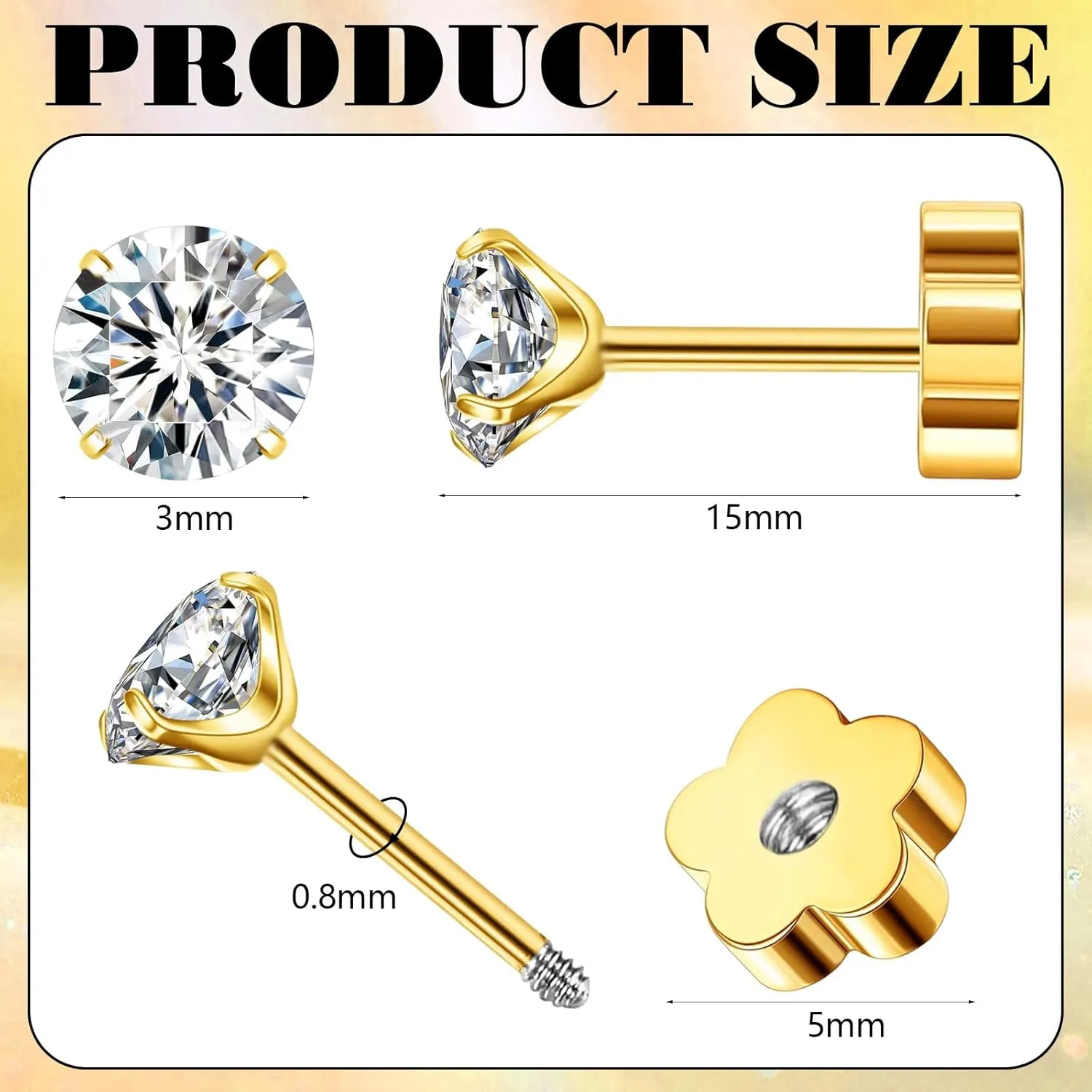 Small Gold Stud Flat Back Earrings for Women Girls, 14k Gold Plated Cubic Zirconia Screw Back Tiny Earrings, Hypoallergenic Flatback Dainty Cartilage Earring Jewelry Gifts for Teen Men(Green Emerald)