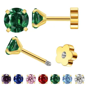 Small Gold Stud Flat Back Earrings for Women Girls, 14k Gold Plated Cubic Zirconia Screw Back Tiny Earrings, Hypoallergenic Flatback Dainty Cartilage Earring Jewelry Gifts for Teen Men(Green Emerald)