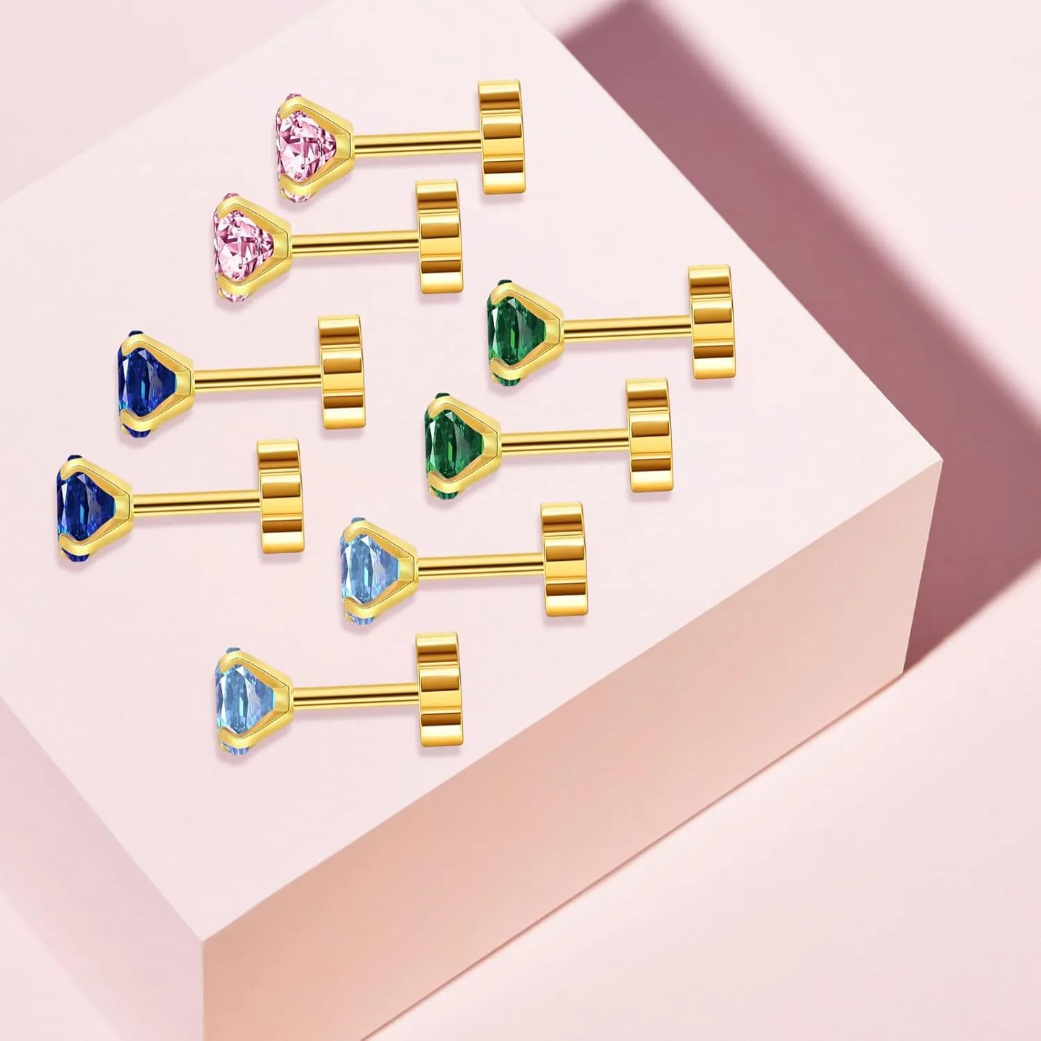 Small Gold Stud Flat Back Earrings for Women Girls, 14k Gold Plated Cubic Zirconia Screw Back Tiny Earrings, Hypoallergenic Flatback Dainty Cartilage Earring Jewelry Gifts for Teen Men(Green Emerald)