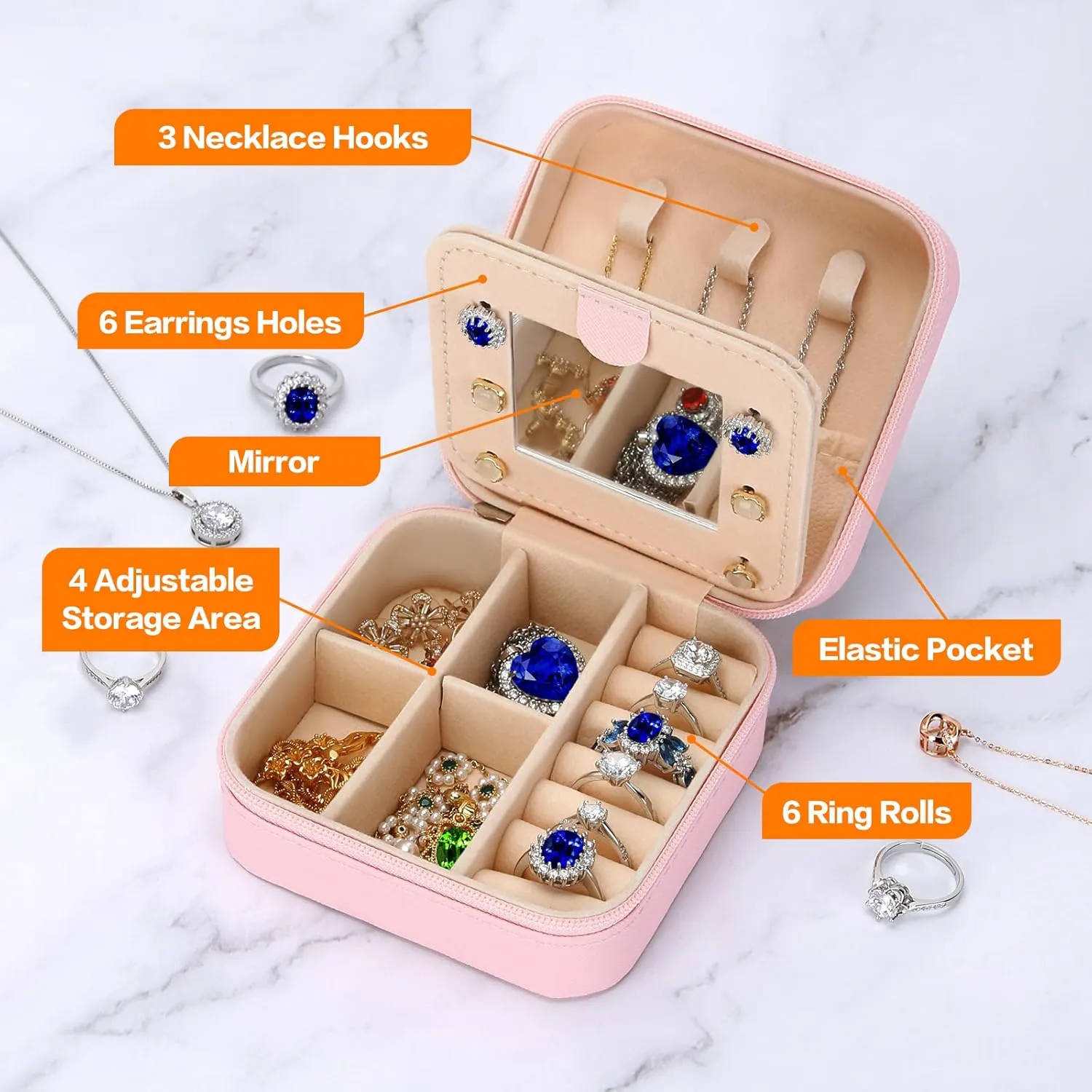 Small Travel Jewelry Box Organizer with Mirror, Women Teen Girl Gifts Trendy Stuff, Double Layer Portable Travel Case Display Storage Holder Boxes for Stud Earrings, Rings, Necklaces, Bracelets (I)