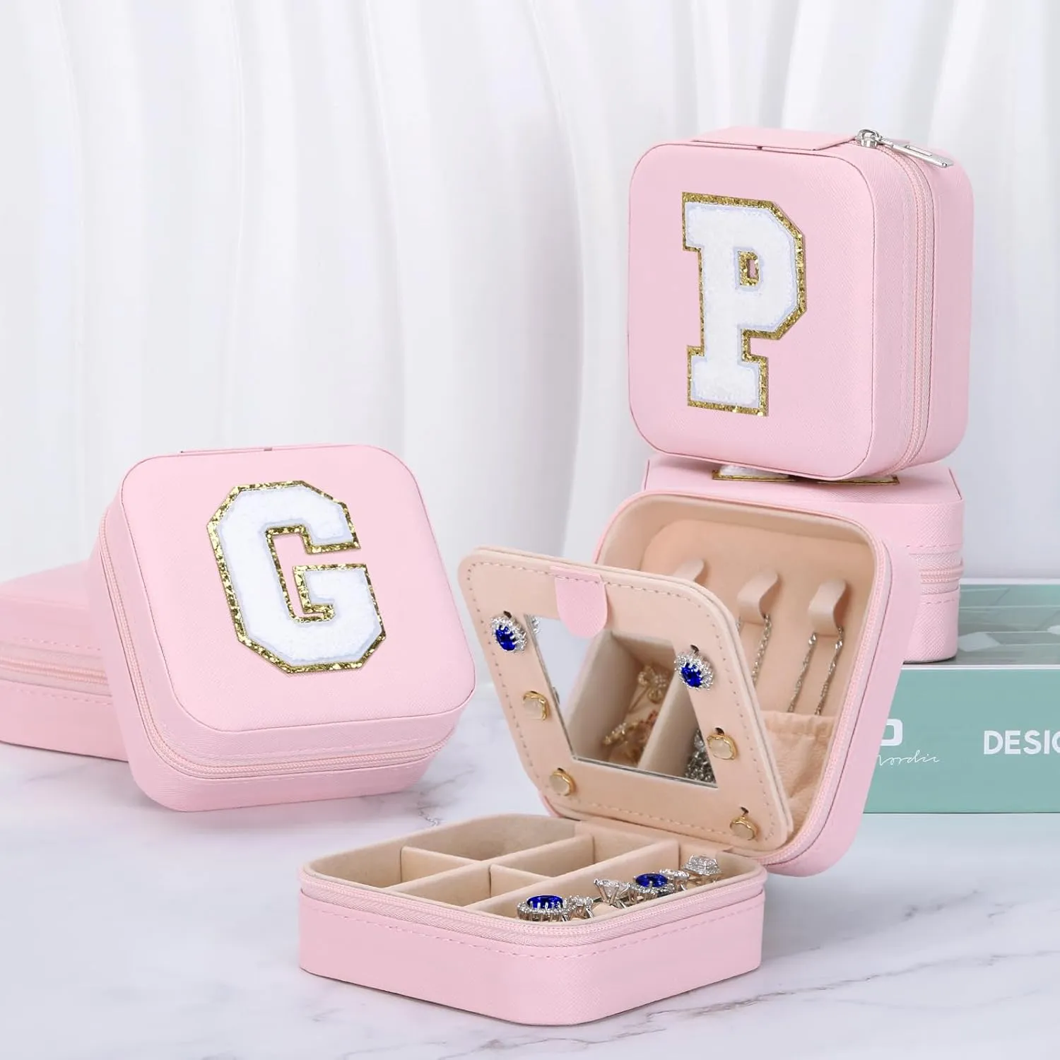 Small Travel Jewelry Box Organizer with Mirror, Women Teen Girl Gifts Trendy Stuff, Double Layer Portable Travel Case Display Storage Holder Boxes for Stud Earrings, Rings, Necklaces, Bracelets (I)