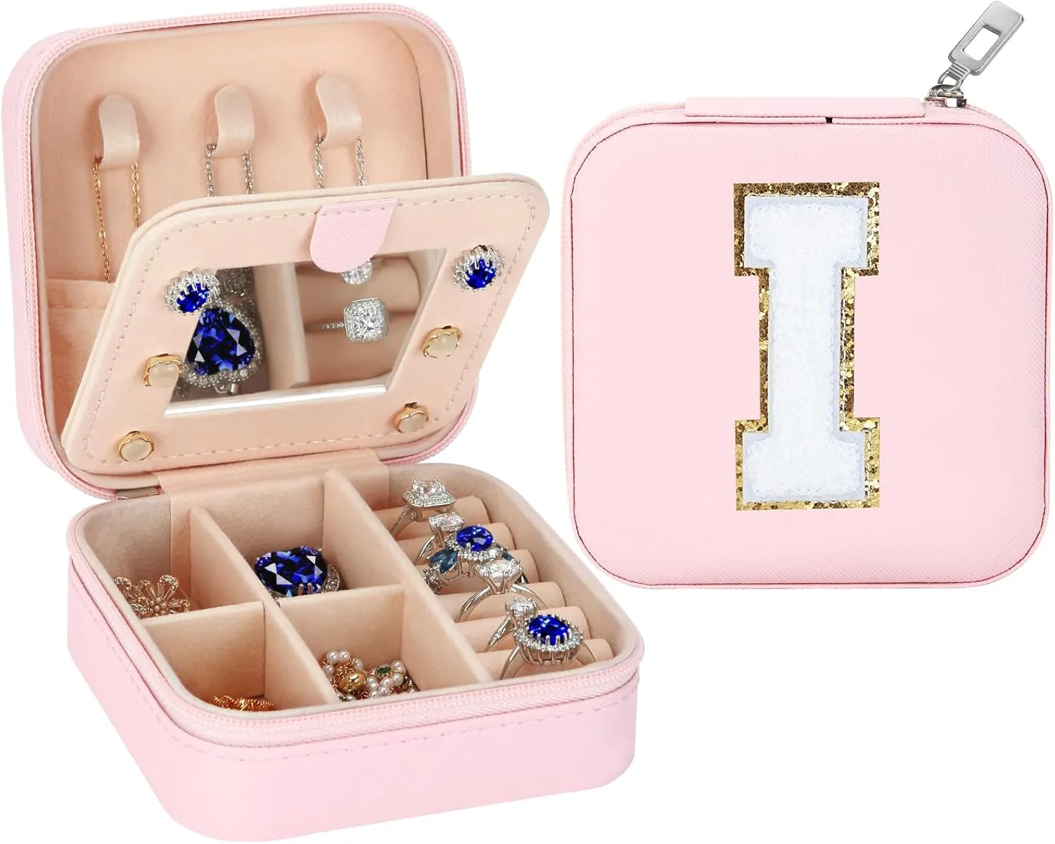 Small Travel Jewelry Box Organizer with Mirror, Women Teen Girl Gifts Trendy Stuff, Double Layer Portable Travel Case Display Storage Holder Boxes for Stud Earrings, Rings, Necklaces, Bracelets (I)