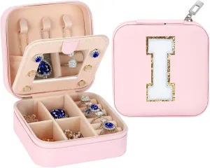 Small Travel Jewelry Box Organizer with Mirror, Women Teen Girl Gifts Trendy Stuff, Double Layer Portable Travel Case Display Storage Holder Boxes for Stud Earrings, Rings, Necklaces, Bracelets (I)