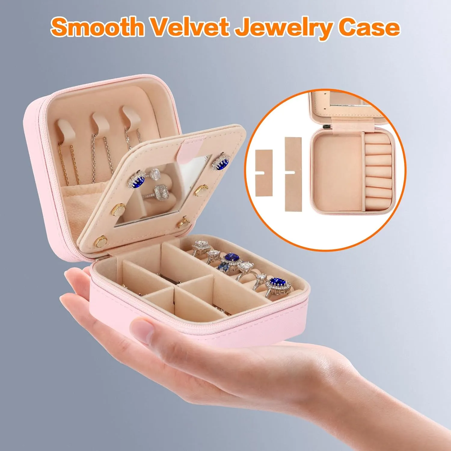 Small Travel Jewelry Box Organizer with Mirror, Women Teen Girl Gifts Trendy Stuff, Double Layer Portable Travel Case Display Storage Holder Boxes for Stud Earrings, Rings, Necklaces, Bracelets (I)