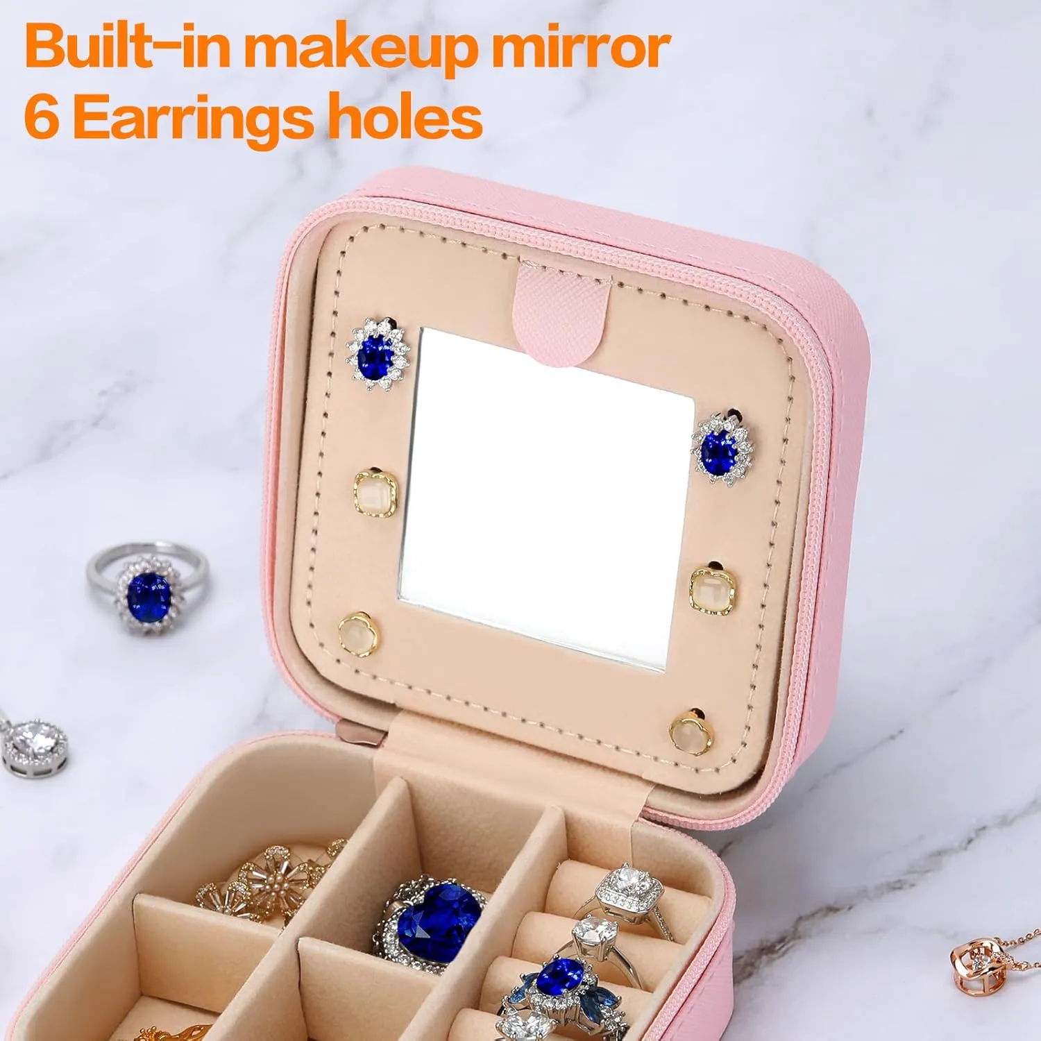 Small Travel Jewelry Box Organizer with Mirror, Women Teen Girl Gifts Trendy Stuff, Double Layer Portable Travel Case Display Storage Holder Boxes for Stud Earrings, Rings, Necklaces, Bracelets (I)
