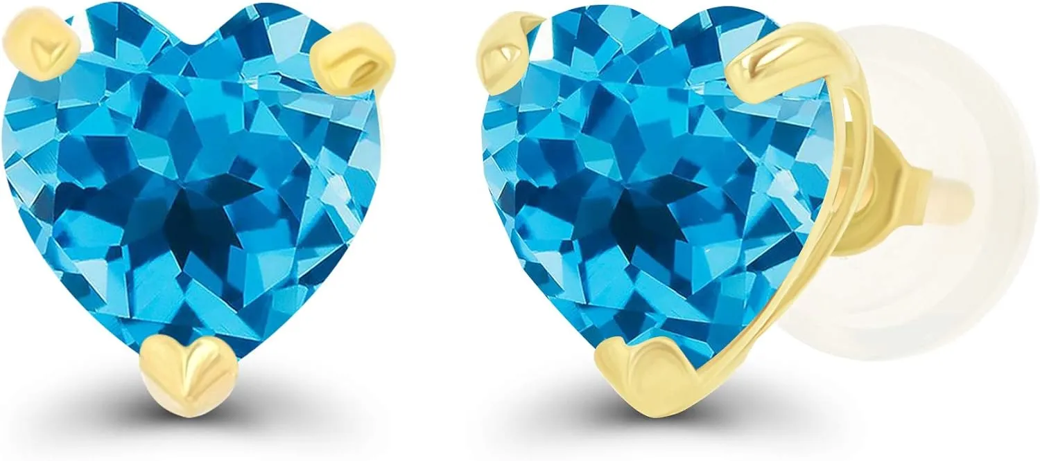 Solid 14K Gold 6mm Heart Genuine Birthstone Stud Earrings For Women | Hypoallergenic Studs | Natural or Created Gemstone Stud Earrings For Women