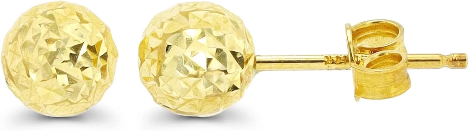 Solid 14K Yellow or White Gold 6mm-12mm Diamond Cut Ball Stud Earrings For Women | 14K Gold Backs | Italian Hypoallergenic Studs For Women