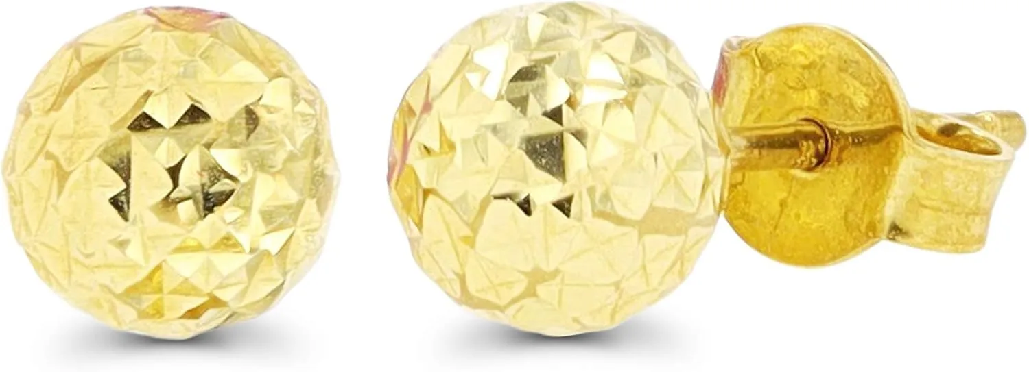 Solid 14K Yellow or White Gold 6mm-12mm Diamond Cut Ball Stud Earrings For Women | 14K Gold Backs | Italian Hypoallergenic Studs For Women