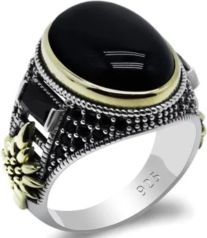 Solid 925 Sterling Silver Ring for Men Onyx Stone Ring Turkish Handmade Agate Silver Luxury Vintage Men's Ring (Black, 7)