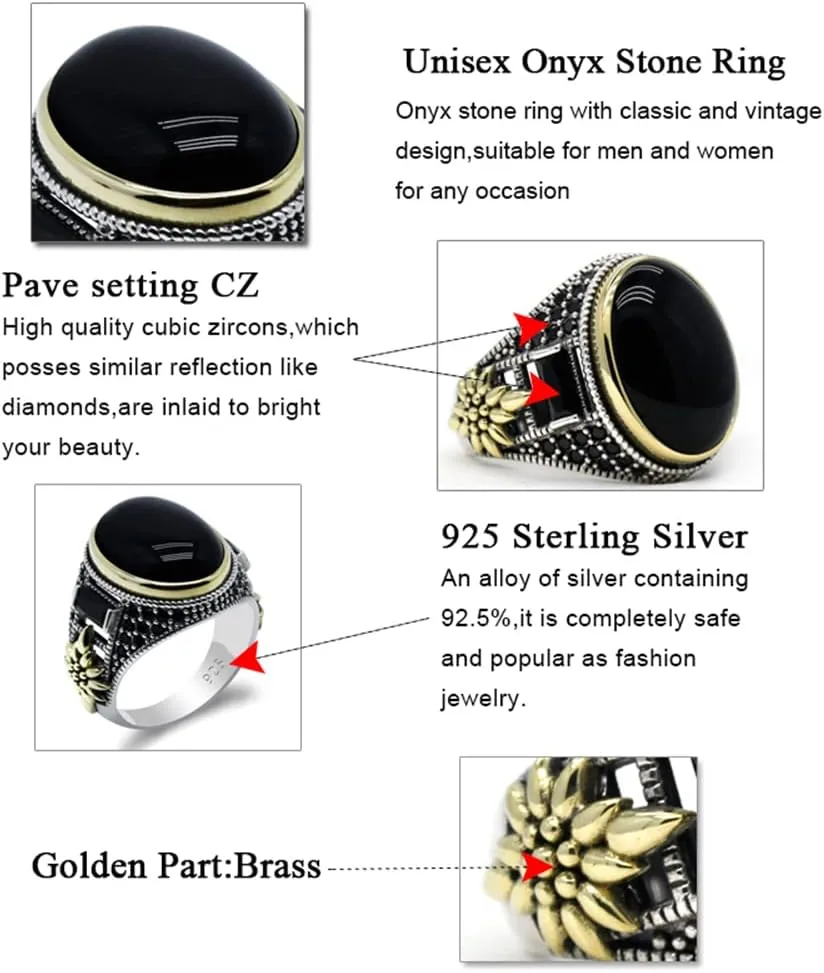 Solid 925 Sterling Silver Ring for Men Onyx Stone Ring Turkish Handmade Agate Silver Luxury Vintage Men's Ring (Black, 7)