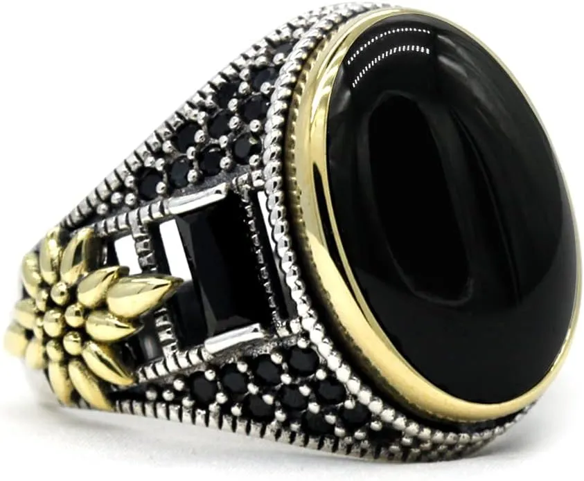 Solid 925 Sterling Silver Ring for Men Onyx Stone Ring Turkish Handmade Agate Silver Luxury Vintage Men's Ring (Black, 7)