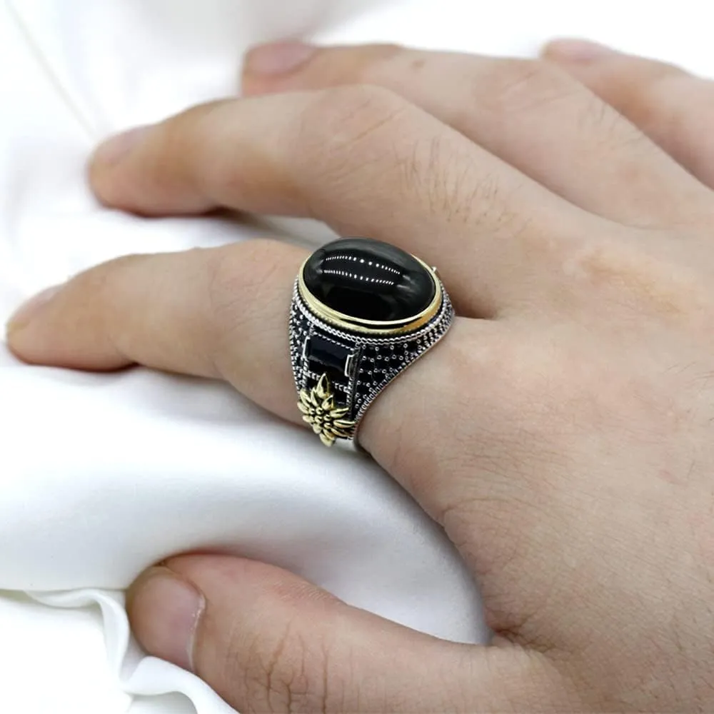 Solid 925 Sterling Silver Ring for Men Onyx Stone Ring Turkish Handmade Agate Silver Luxury Vintage Men's Ring (Black, 7)