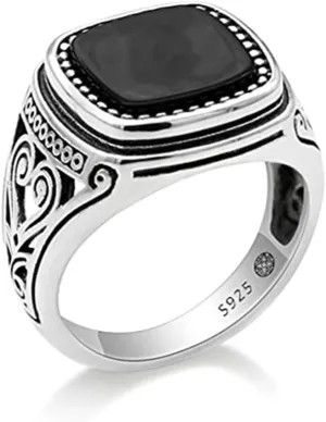 Solid S925 Sterling Silver Men's Ring Set with Natural Square Black Onyx Vintage Men's Jewelry Turkish Style Gift for Everyday Wear