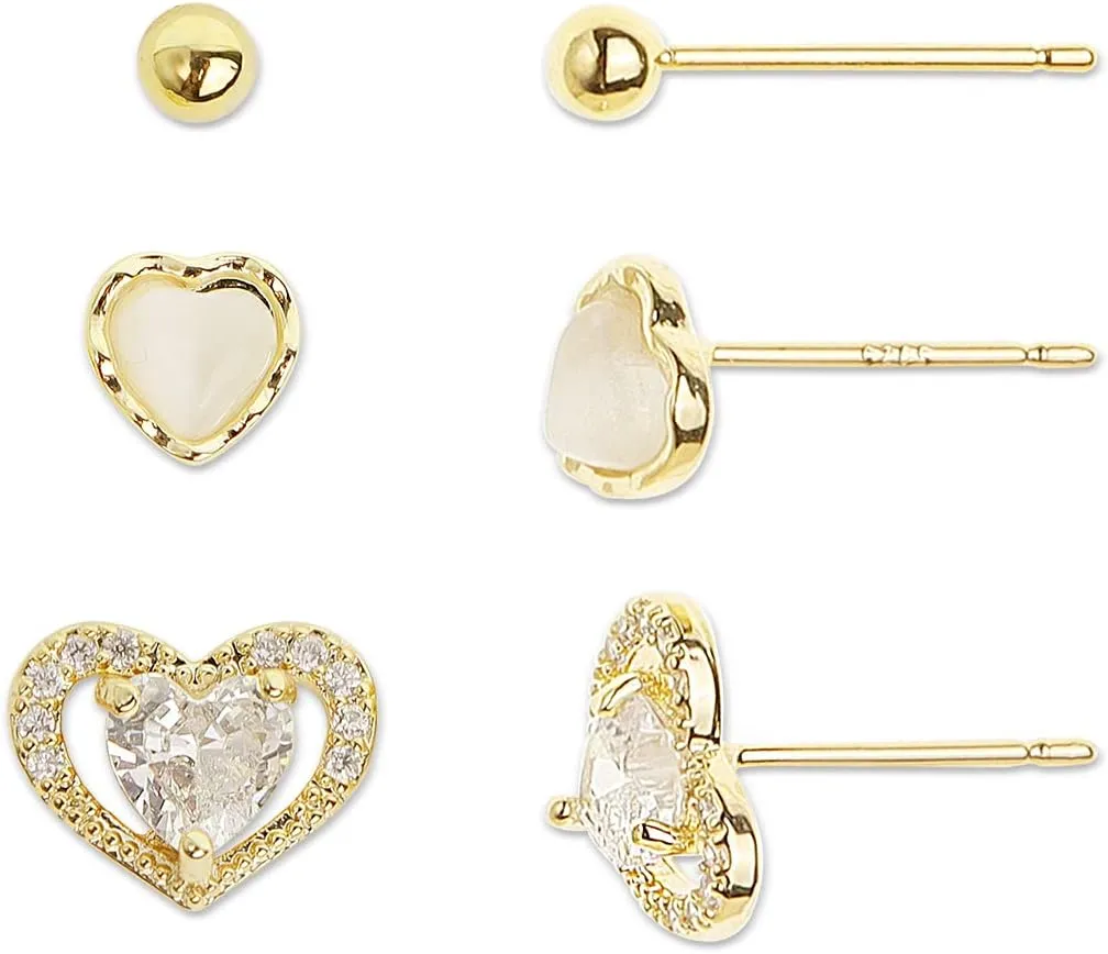 Sonateomber 3 Pairs Tiny Cute Studs Set for Women, 925 Sterling Silver Love Prom Jewelry Gift