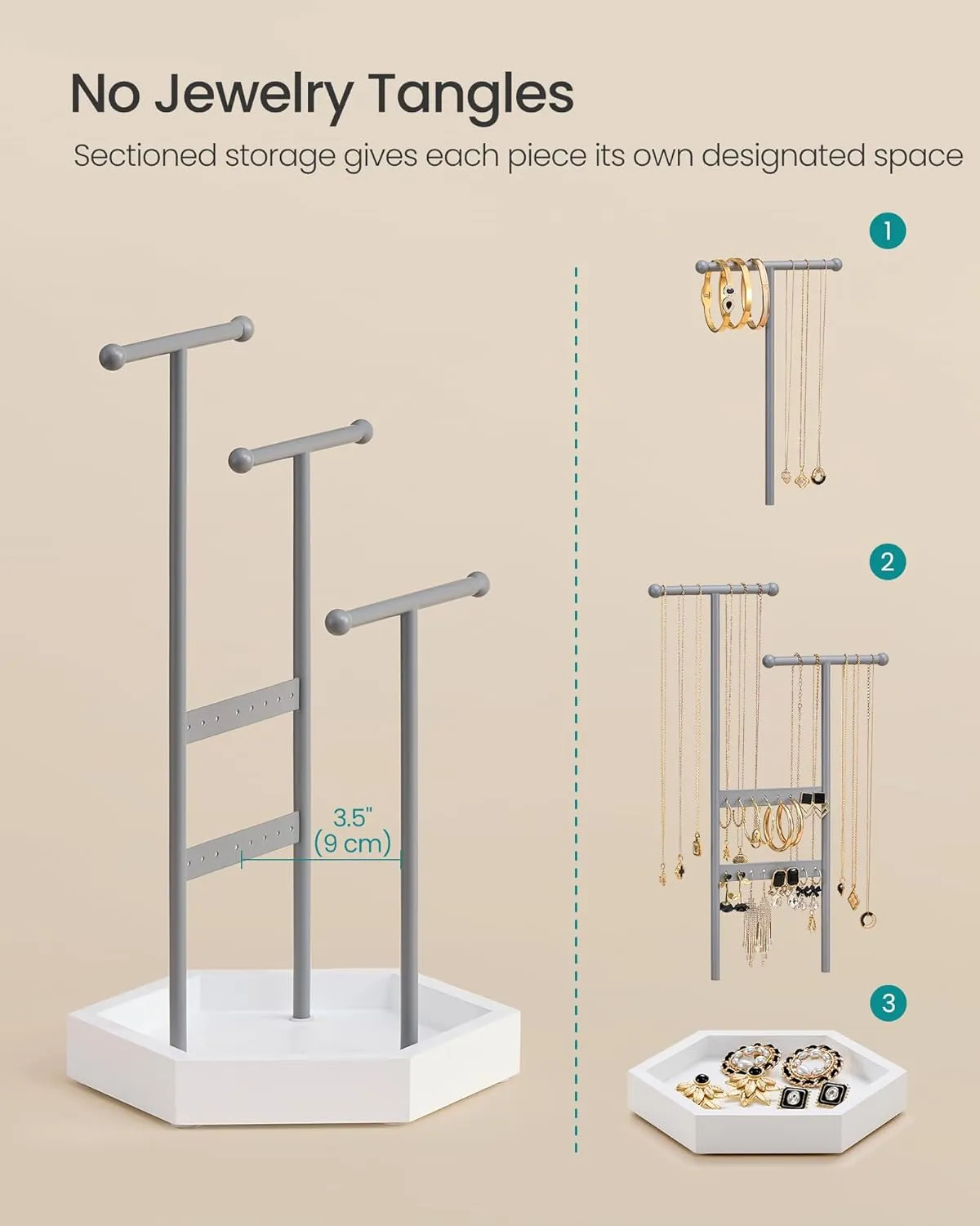 SONGMICS Jewelry Holder, Jewelry Organizer, 3 Tiers and 1 Tray, Jewelry Display Stand with Metal Frame, Necklace Earring Bracelet Holder, for Rings, Dove Gray and Cloud White UJJS003G01