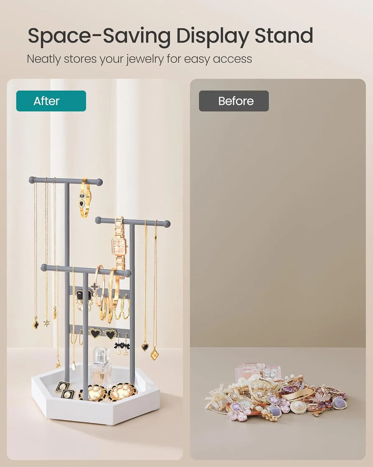 SONGMICS Jewelry Holder, Jewelry Organizer, 3 Tiers and 1 Tray, Jewelry Display Stand with Metal Frame, Necklace Earring Bracelet Holder, for Rings, Dove Gray and Cloud White UJJS003G01