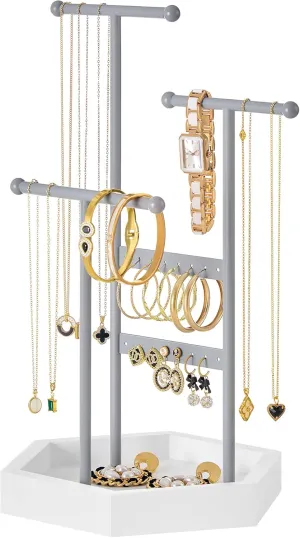SONGMICS Jewelry Holder, Jewelry Organizer, 3 Tiers and 1 Tray, Jewelry Display Stand with Metal Frame, Necklace Earring Bracelet Holder, for Rings, Dove Gray and Cloud White UJJS003G01