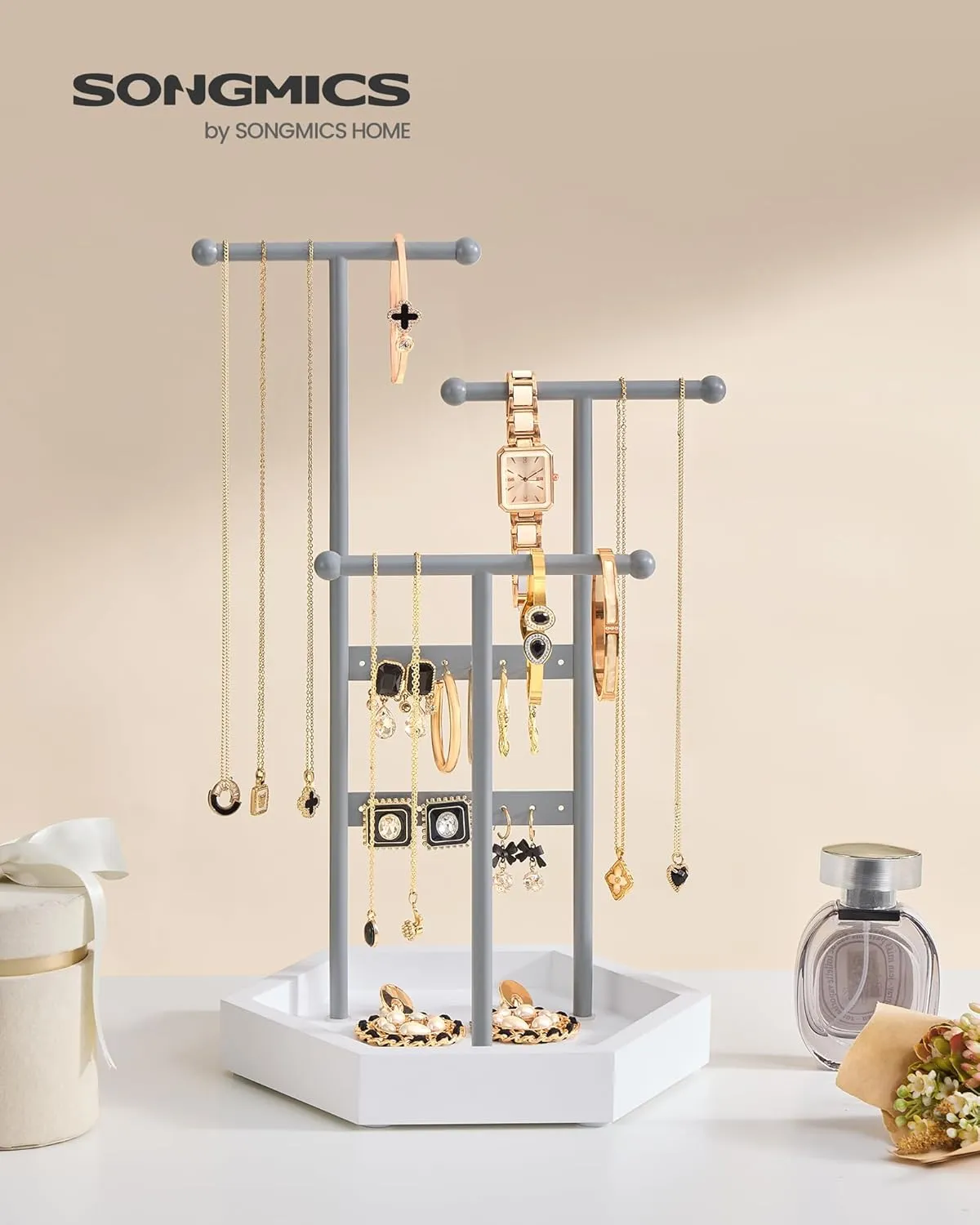 SONGMICS Jewelry Holder, Jewelry Organizer, 3 Tiers and 1 Tray, Jewelry Display Stand with Metal Frame, Necklace Earring Bracelet Holder, for Rings, Dove Gray and Cloud White UJJS003G01