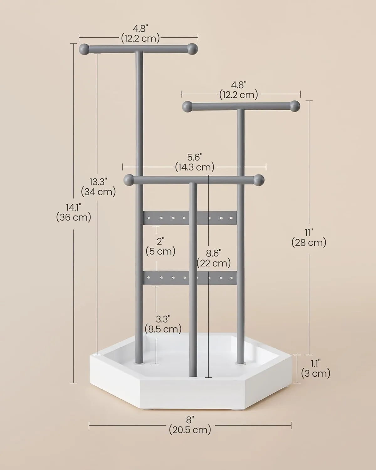 SONGMICS Jewelry Holder, Jewelry Organizer, 3 Tiers and 1 Tray, Jewelry Display Stand with Metal Frame, Necklace Earring Bracelet Holder, for Rings, Dove Gray and Cloud White UJJS003G01