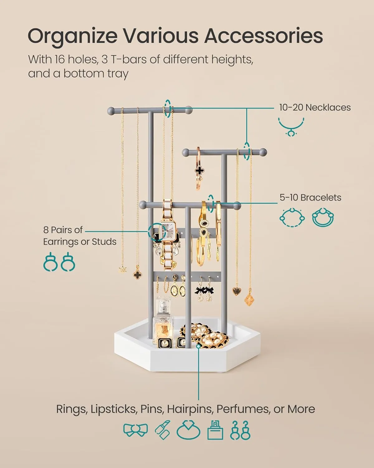 SONGMICS Jewelry Holder, Jewelry Organizer, 3 Tiers and 1 Tray, Jewelry Display Stand with Metal Frame, Necklace Earring Bracelet Holder, for Rings, Dove Gray and Cloud White UJJS003G01