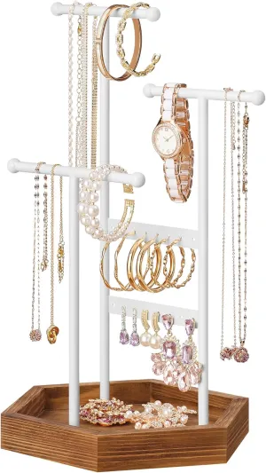 SONGMICS Jewelry Holder, Jewelry Organizer, 3 Tiers and 1 Tray, Jewelry Display Stand with Metal Frame, Necklace Earring Bracelet Holder, for Rings, Matte White and Caramel Brown UJJS003W01