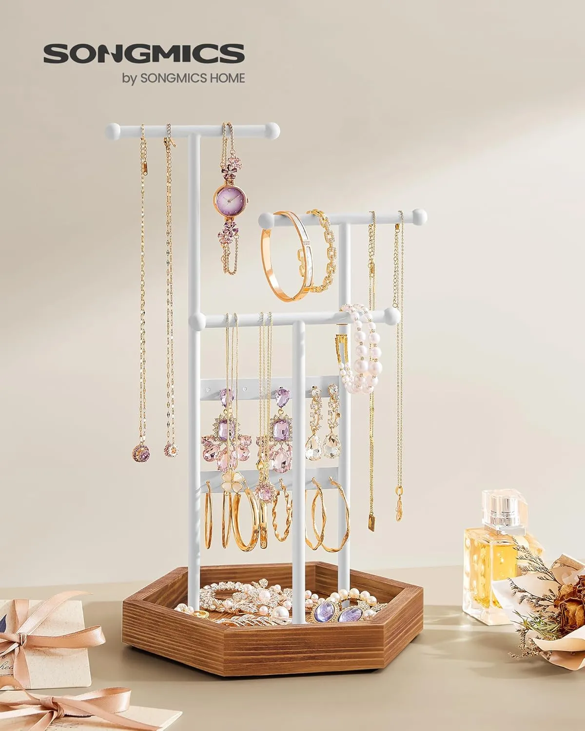 SONGMICS Jewelry Holder, Jewelry Organizer, 3 Tiers and 1 Tray, Jewelry Display Stand with Metal Frame, Necklace Earring Bracelet Holder, for Rings, Matte White and Caramel Brown UJJS003W01