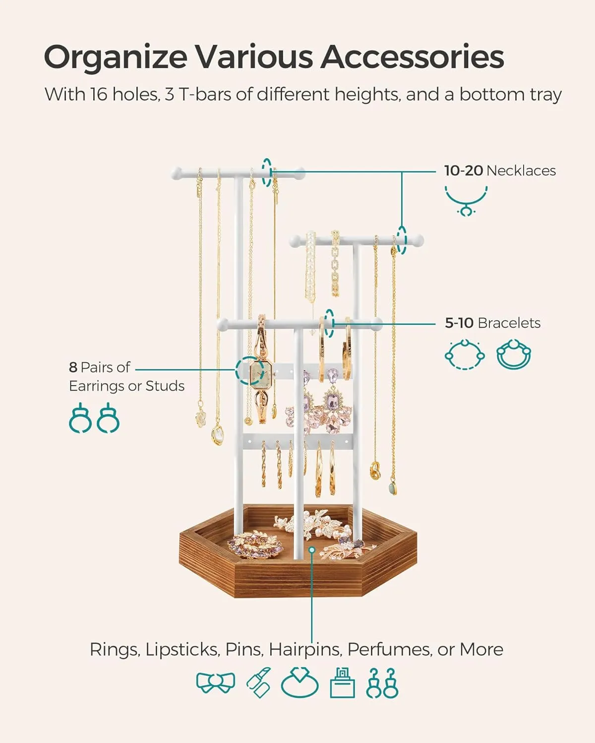 SONGMICS Jewelry Holder, Jewelry Organizer, 3 Tiers and 1 Tray, Jewelry Display Stand with Metal Frame, Necklace Earring Bracelet Holder, for Rings, Matte White and Caramel Brown UJJS003W01