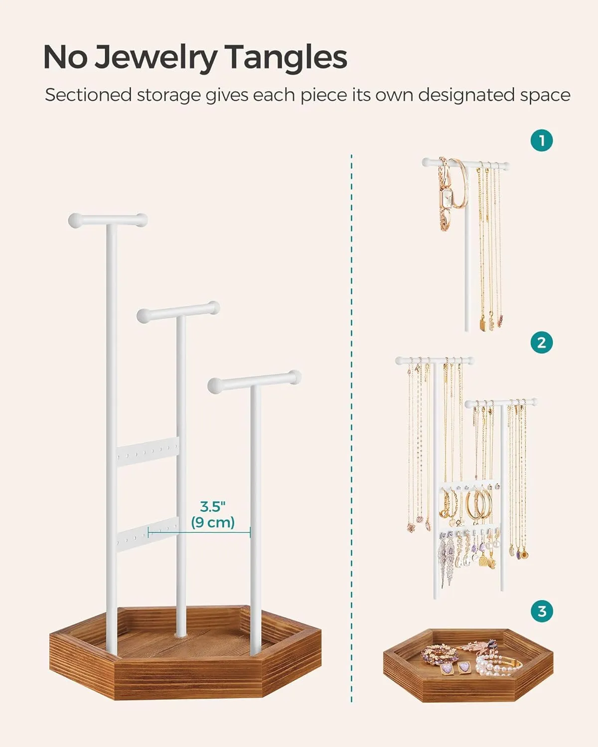 SONGMICS Jewelry Holder, Jewelry Organizer, 3 Tiers and 1 Tray, Jewelry Display Stand with Metal Frame, Necklace Earring Bracelet Holder, for Rings, Matte White and Caramel Brown UJJS003W01
