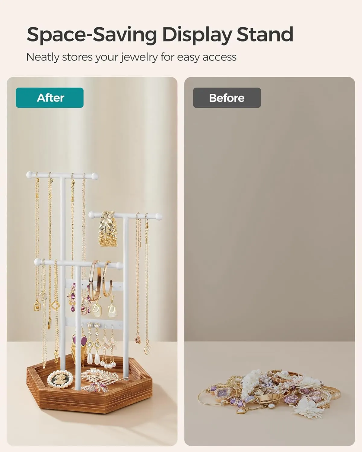 SONGMICS Jewelry Holder, Jewelry Organizer, 3 Tiers and 1 Tray, Jewelry Display Stand with Metal Frame, Necklace Earring Bracelet Holder, for Rings, Matte White and Caramel Brown UJJS003W01