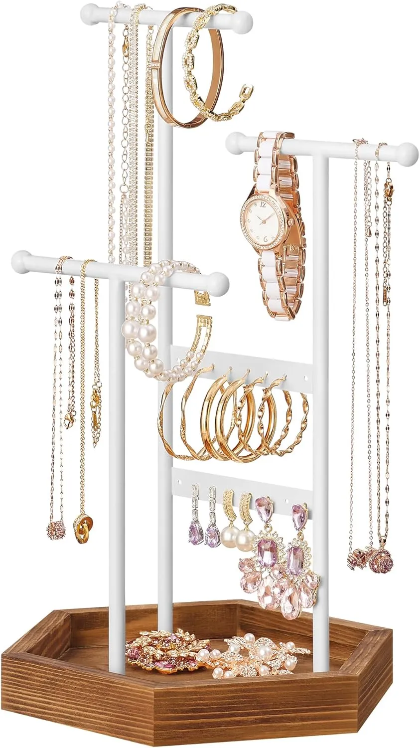 SONGMICS Jewelry Holder, Jewelry Organizer, 3 Tiers and 1 Tray, Jewelry Display Stand with Metal Frame, Necklace Earring Bracelet Holder, for Rings, Matte White and Caramel Brown UJJS003W01