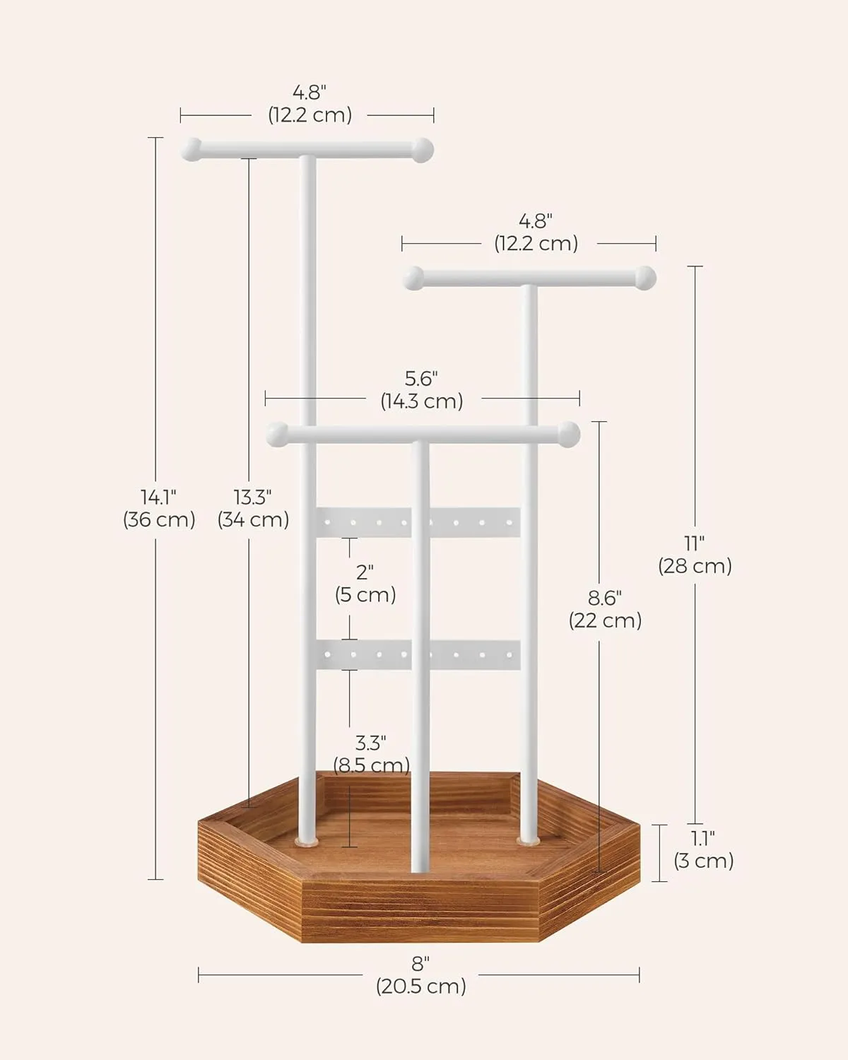 SONGMICS Jewelry Holder, Jewelry Organizer, 3 Tiers and 1 Tray, Jewelry Display Stand with Metal Frame, Necklace Earring Bracelet Holder, for Rings, Matte White and Caramel Brown UJJS003W01