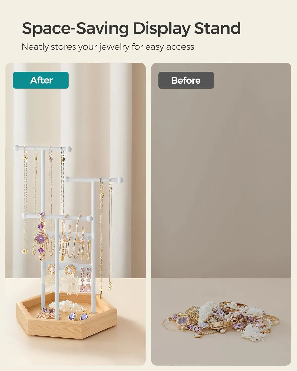 SONGMICS Jewelry Holder, Jewelry Organizer, 3 Tiers and 1 Tray, Jewelry Display Stand with Metal Frame, Necklace Earring Bracelet Holder, for Rings, Matte White and Natural Beige UJJS03NW