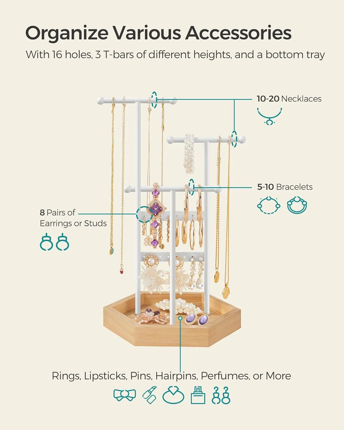 SONGMICS Jewelry Holder, Jewelry Organizer, 3 Tiers and 1 Tray, Jewelry Display Stand with Metal Frame, Necklace Earring Bracelet Holder, for Rings, Matte White and Natural Beige UJJS03NW