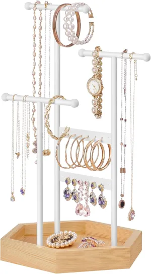SONGMICS Jewelry Holder, Jewelry Organizer, 3 Tiers and 1 Tray, Jewelry Display Stand with Metal Frame, Necklace Earring Bracelet Holder, for Rings, Matte White and Natural Beige UJJS03NW