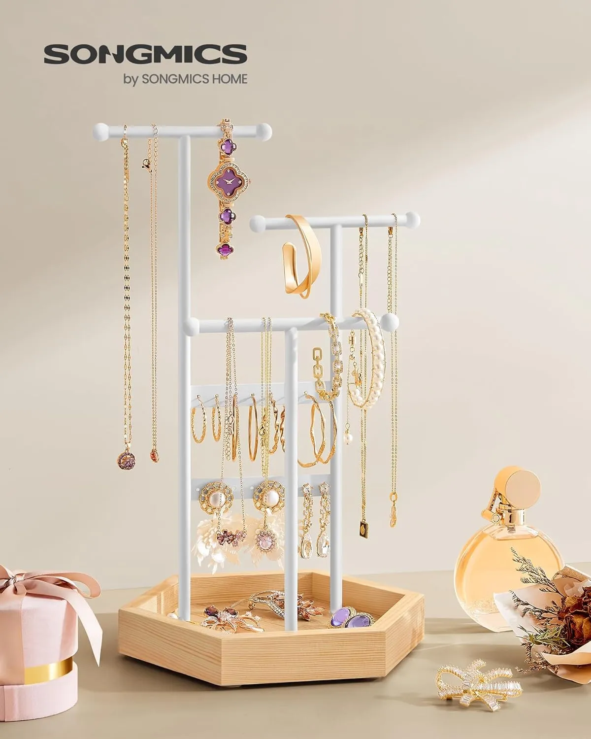 SONGMICS Jewelry Holder, Jewelry Organizer, 3 Tiers and 1 Tray, Jewelry Display Stand with Metal Frame, Necklace Earring Bracelet Holder, for Rings, Matte White and Natural Beige UJJS03NW