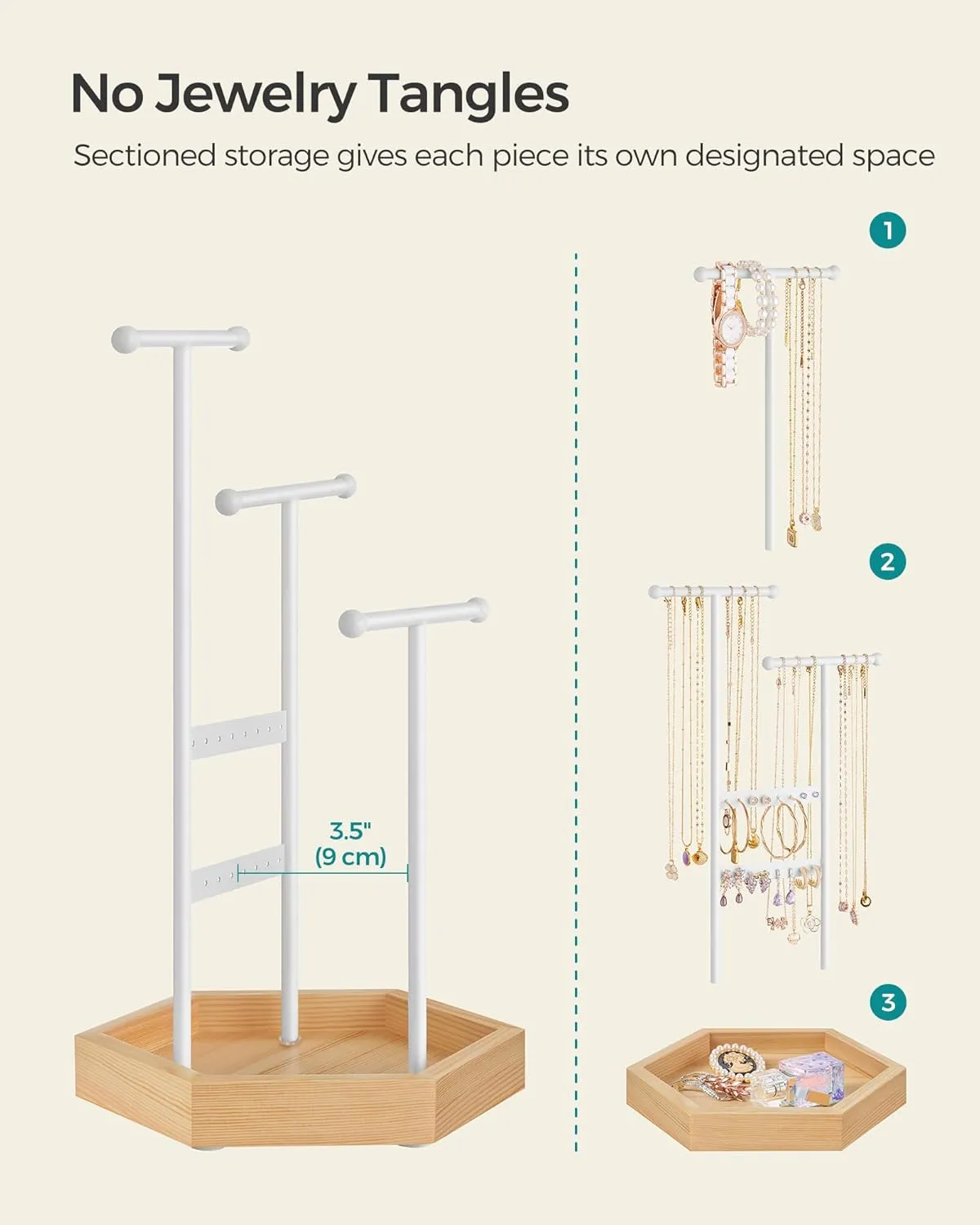SONGMICS Jewelry Holder, Jewelry Organizer, 3 Tiers and 1 Tray, Jewelry Display Stand with Metal Frame, Necklace Earring Bracelet Holder, for Rings, Matte White and Natural Beige UJJS03NW