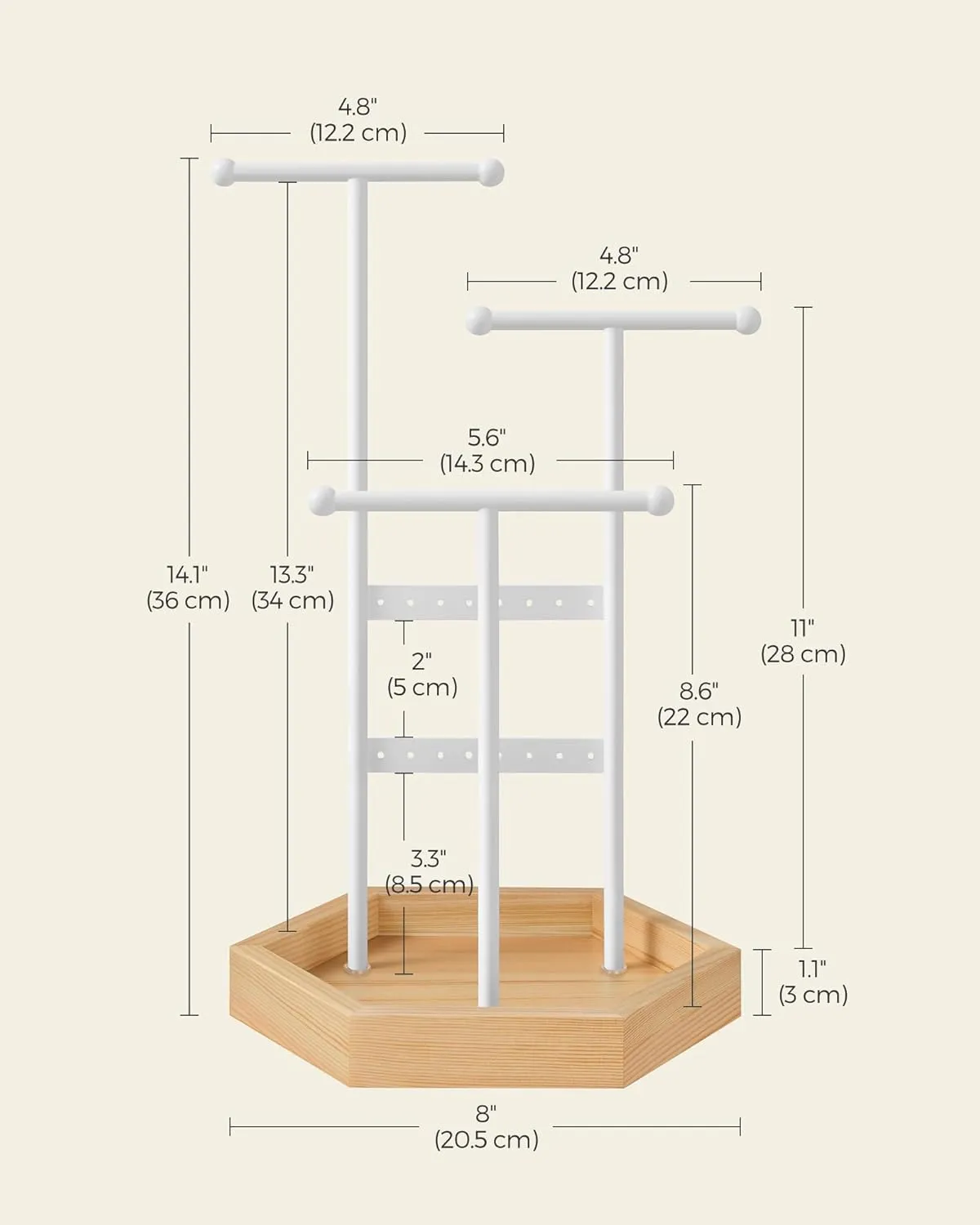 SONGMICS Jewelry Holder, Jewelry Organizer, 3 Tiers and 1 Tray, Jewelry Display Stand with Metal Frame, Necklace Earring Bracelet Holder, for Rings, Matte White and Natural Beige UJJS03NW