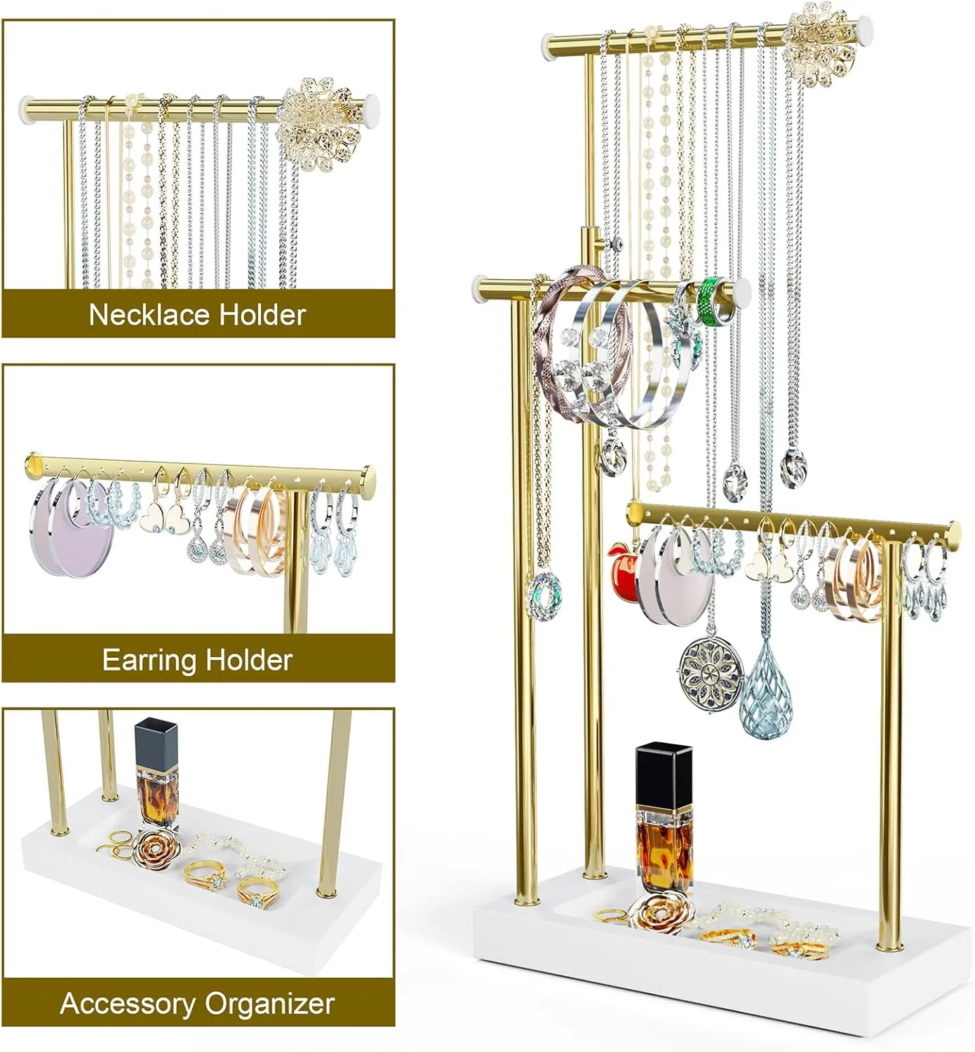 SRIWATANA Jewelry Organizer Display Extra Tall Necklace Holder 3 Tier Jewelry Tree Stand, Gift Idea (White & Gold)