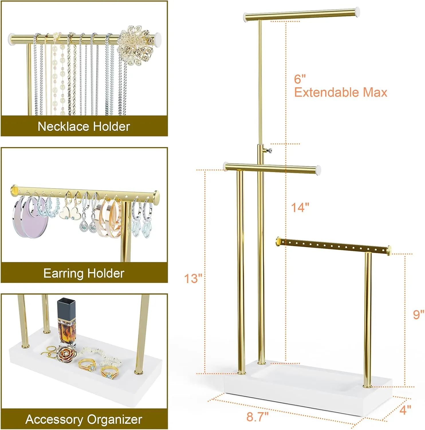 SRIWATANA Jewelry Organizer Display Extra Tall Necklace Holder 3 Tier Jewelry Tree Stand, Gift Idea (White & Gold)